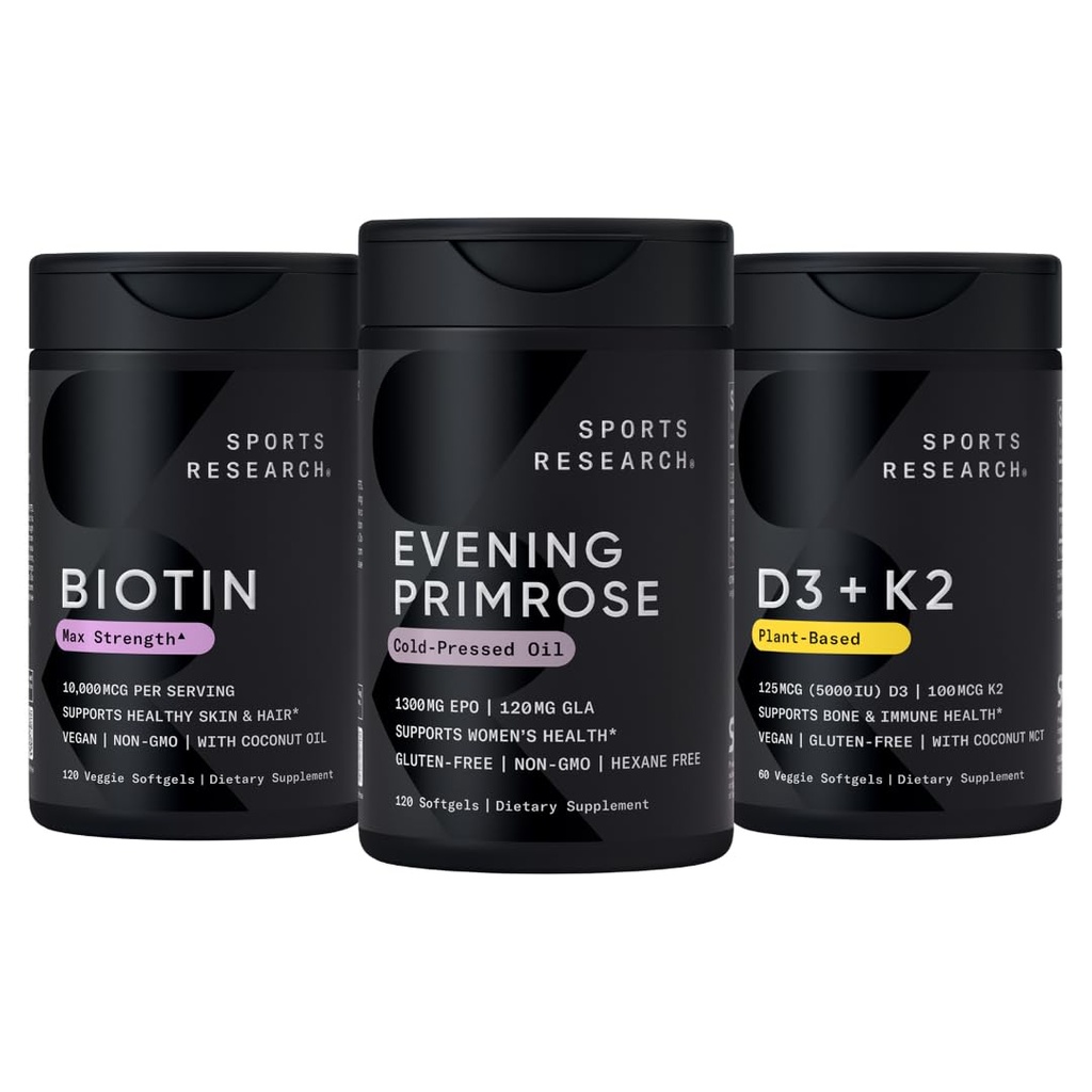 Sport Badania Wegan Biotin 10,000mcg z oleju kokosowego, Wieczorny Primrose Suplement z zimnego oleju Pressed i roślin Witamina K2 MK7 + Wegan D3 5000iu