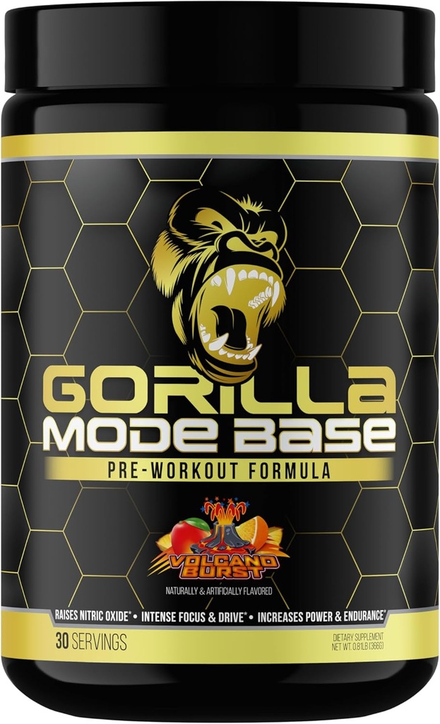 Gorilla Mind Base pre Workout - wychwytuje tlenek azotu intensywnie Focus & Drive Endurance Power - L- Citrulline, L- Tyrosine, Betaine, Alpha- GPC, Caetine, Huperzine A - 360 Grams (Volcano Burst)