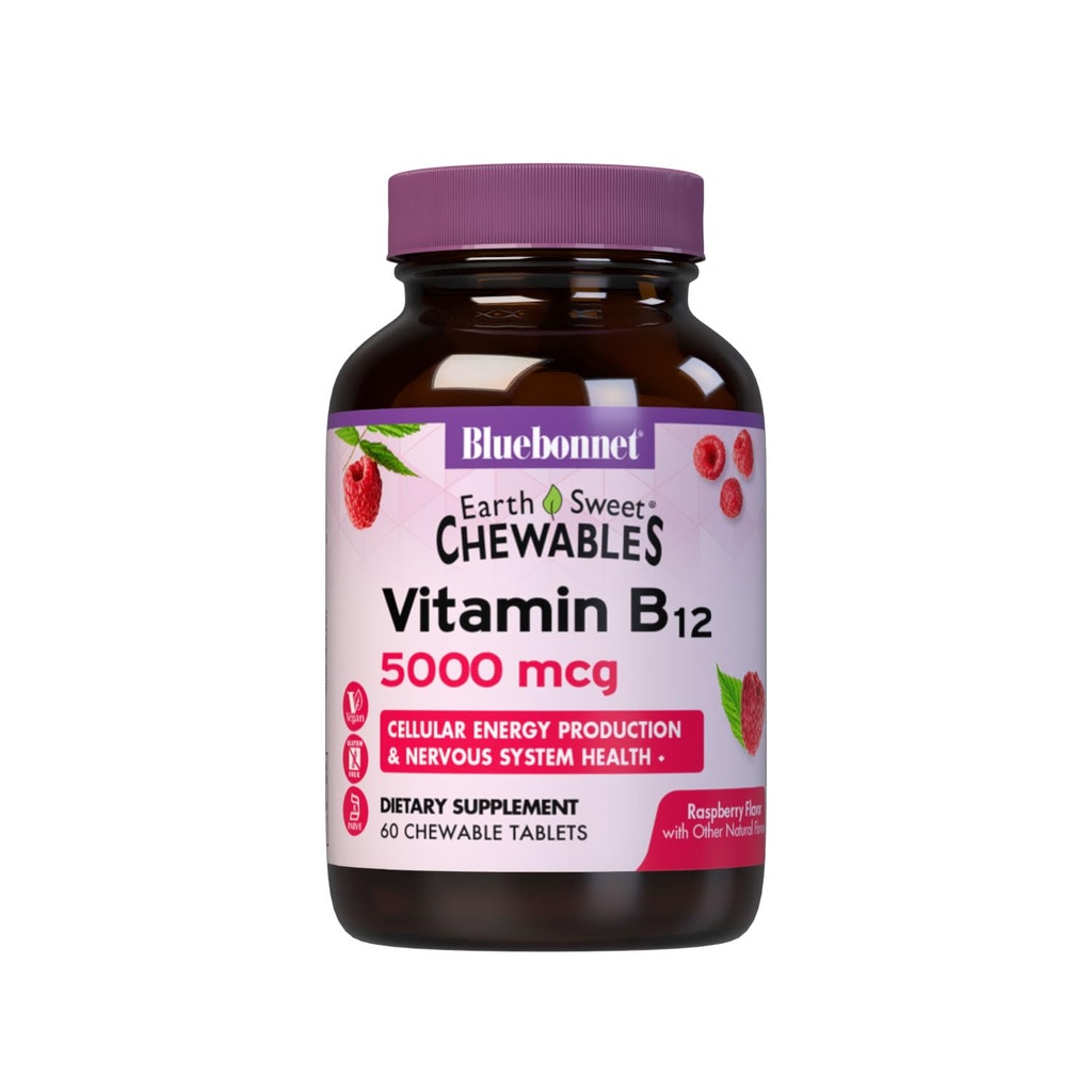 BlueBonnet Nutrition Earth Słodka witamina B12 5000 µg Tabletki do rozgryzania i żucia, Soy- Free, Gluten- Free, Kosher Certified, Dairy- Free, Wegan, Malina Flavored, 60 Tabletki do żucia, 60 Służb