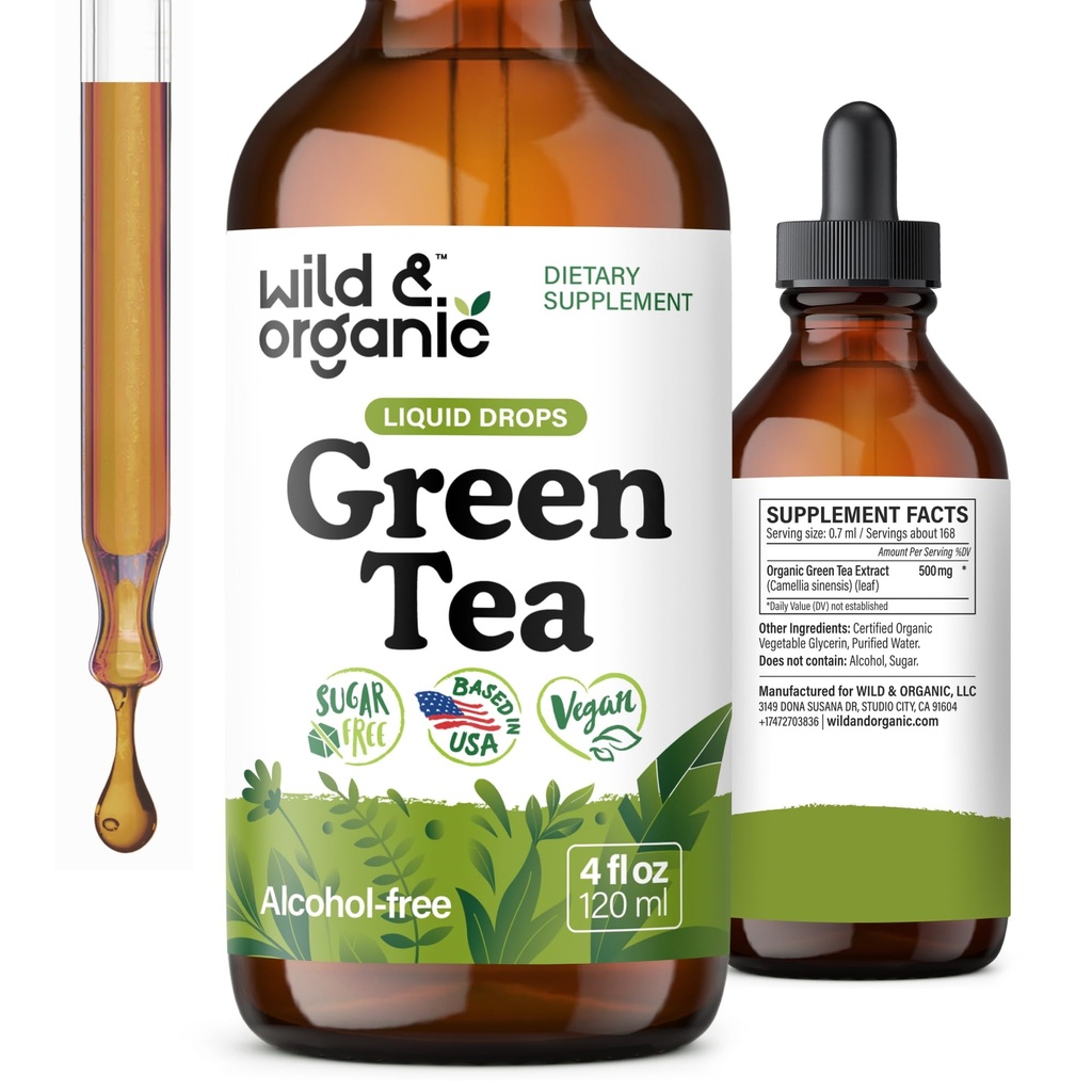 Wild & Organic Green Tea Extract Liquid Drops - Antyoksydant- bogaty Green Tea Supplement - 2- Month Supply - Vegan, Sugar & Alcohol- wolny Camellia Sinensis Tincture - 4 fl oz