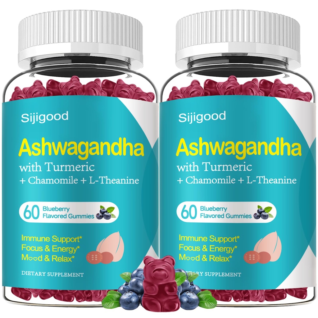 2 Pack Aszwagandha Gummies, Wsparcie dla Immunitetu, Relaks, Spokojny nastrój & Zzz, Aszwagandha Suplementy dla mężczyzn i kobiet, Natural Blueberry Flavor, 120 Count