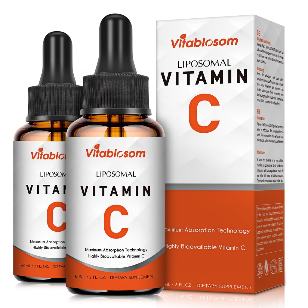 Witamina liposomalna C 2000mg Płyn dla dorosłych, Wysoka Absorpcja VIT C, Maksymalizacja Witaminy C, System immunologiczny i przeciwutleniacz Wsparcie, 60ML (2 butelki)