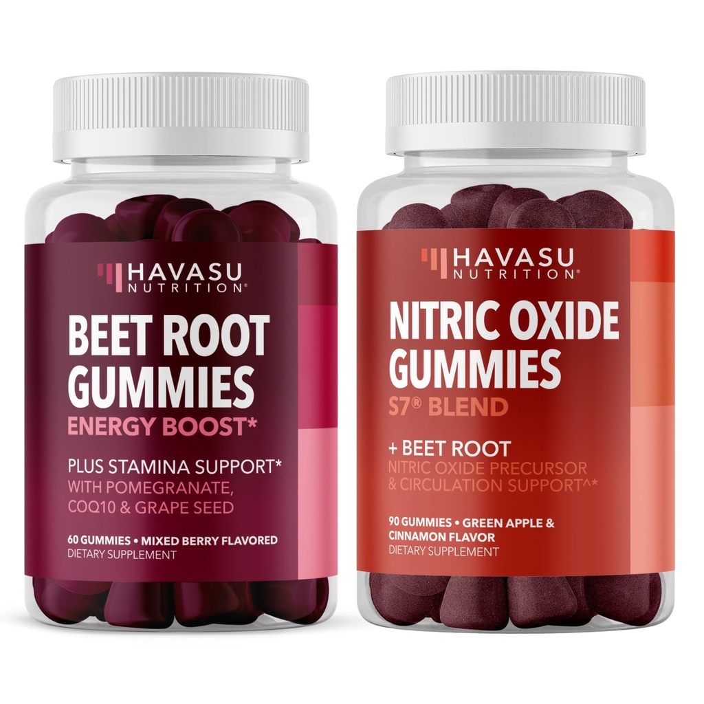HAVASU NUTRITION Gummeje tlenku azotu z L- argininą i korzeniem buraczanym (1 Miesiąc Dostawy) i Gummeje buraczane z COQ10 i Granatem (1 Miesiąc Dostawy)