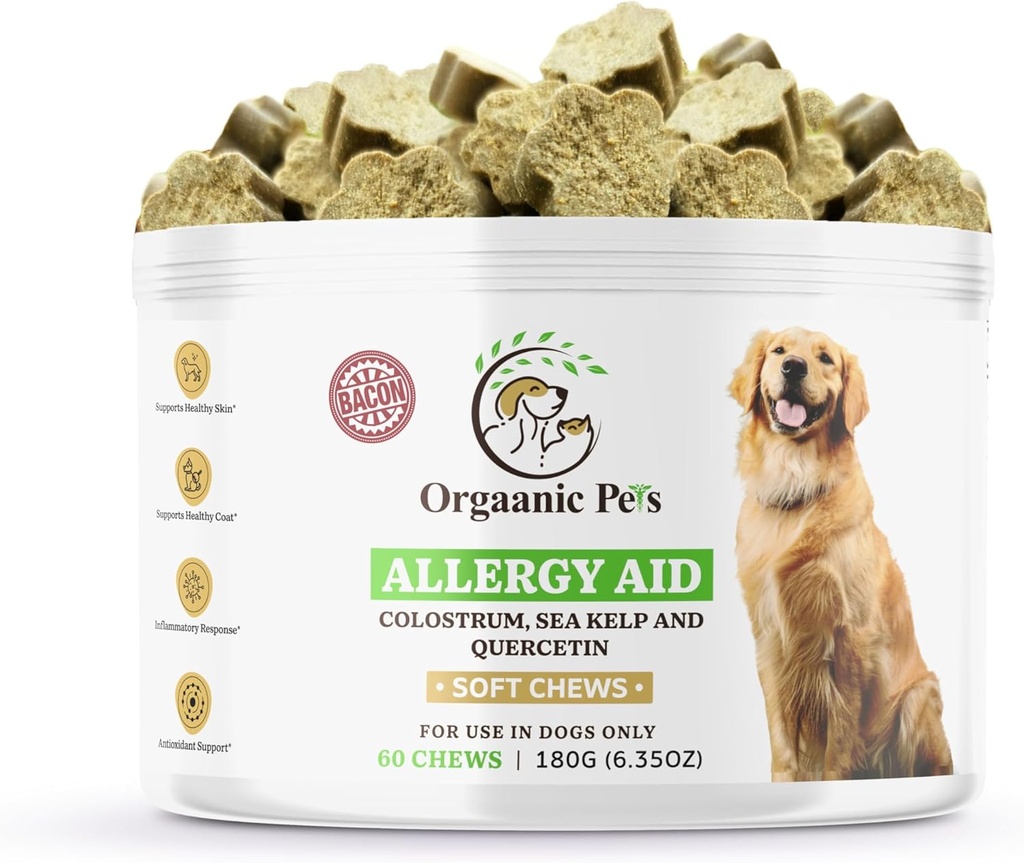 Herbal Dog Allergy Relief z SEA KELP - Colostrum - QUERCETIN - Grzyby - Omega + 11 Natural Allergy Relief Herbs - Miękkie Chews for Skin & Sezonowe alergie
