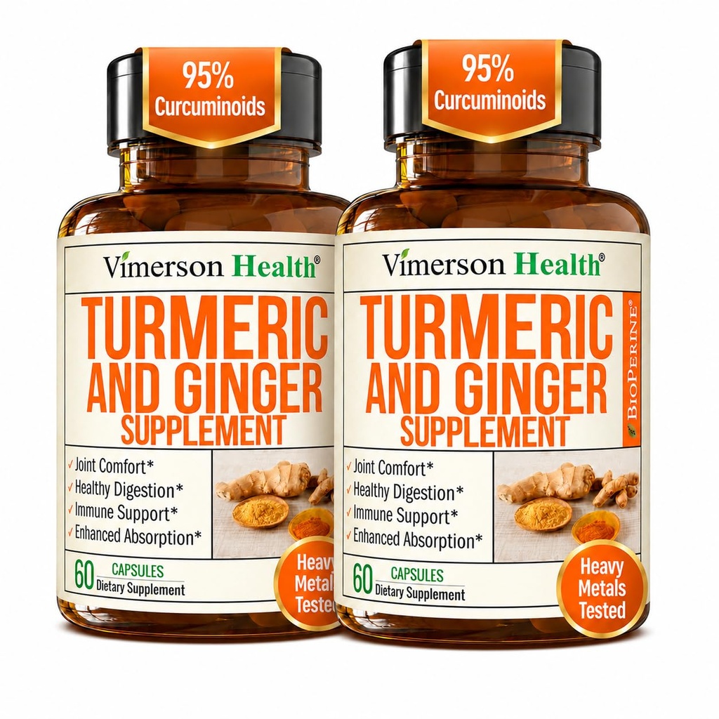 Kurkumina Kurkumina suplement z Ginger Root dla wspólnego wsparcia, Digestive & Gut Health - Zawiera organiczną kurkuminę kurkuminy z czarnej pieprzu (Bioperine) dla zwiększonej absorpcji - 60 kapsułki, 2 opakowania