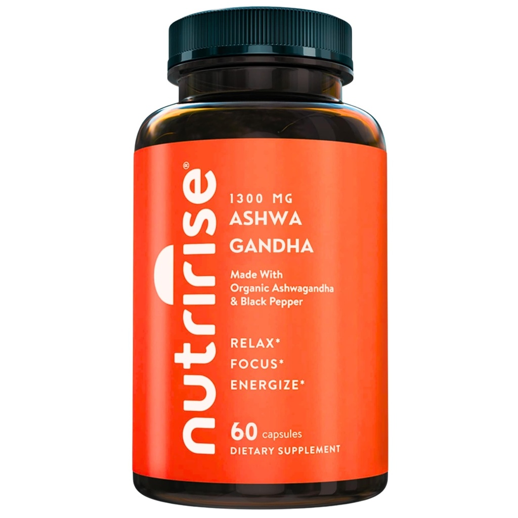 NutriRise Organic Ashwagandha Kapsułki korzeniowe z czarny pieprz, 1300mg, Natural Stress & Mood, Tyroid & Immune Supplement, Clarity, Focus & Energy, Gluten Free, 60 Count