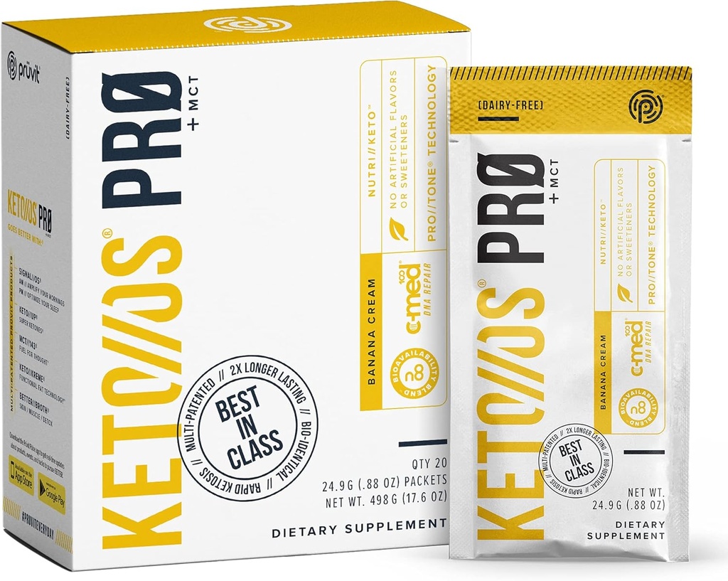 Pruvit Keto / / OS Pro Banana Cream + MCT Ketones - Keto / / OS Pro Supplement for Energy Boost, Lepsza trawienie i pomaga zwalczać proces starzenia - 20 pakietów