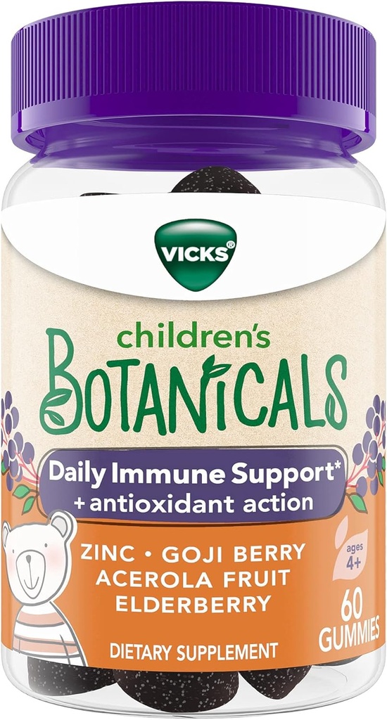 Vicks Children 's Botanicals Daily Immune Support * + Antioksydant Action, Gummies, Made with Zinc, Goji Berry, Acerola Fruit i Elderberry, 60