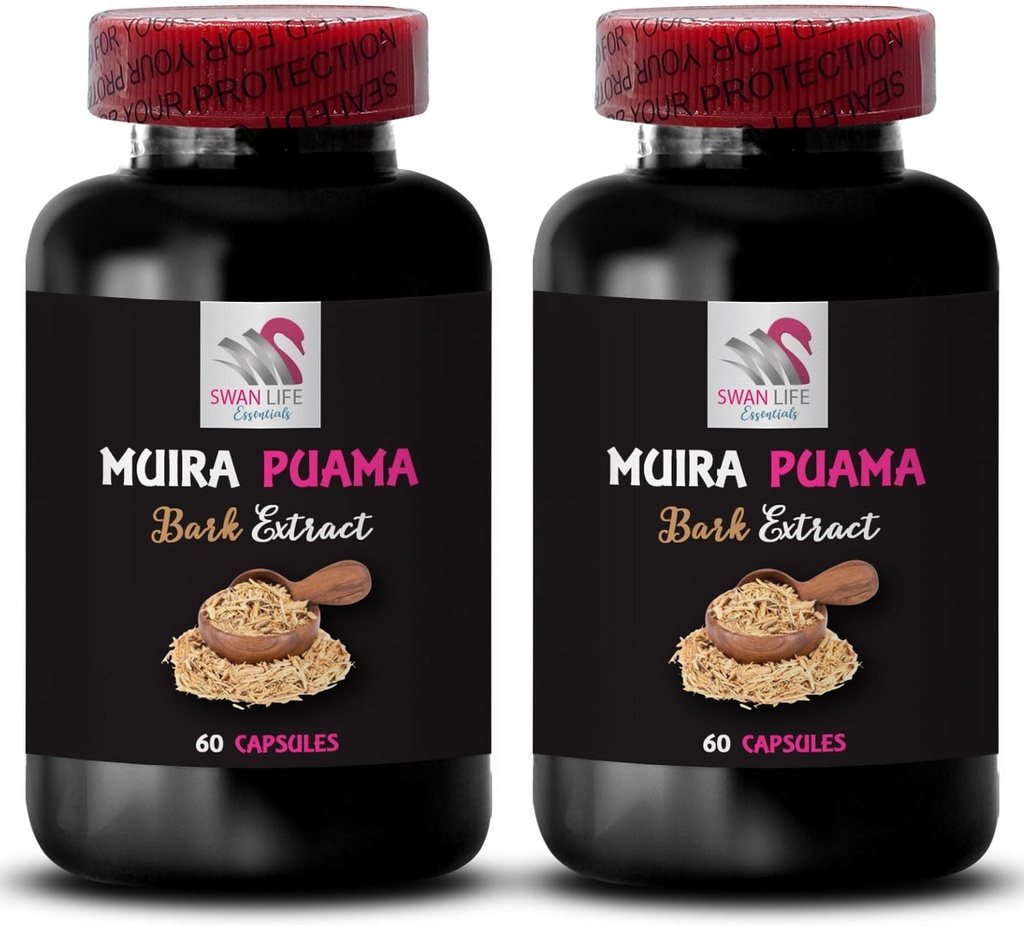 Synergia roślin Energia - MUIRA PUAMA BARK EXTRACT - Daytime Focus, Przebudzenie zioła, Wsparcie stylu życia, Balanced Boost, Napęd ziołowy Aktywacja, Wsparcie botaniczne, Energia Lift 2 Butelki 120 Kapsułki