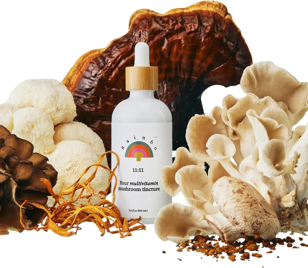 Rainbo - 11: 11 Multi Mushroom Tincture - 11- in-1 Dual Extract Mushroom Blend - Kompleksowe wsparcie immunologiczne, Brain Support, Live Lion 's Mane & Turkey Tail, Vegan, Non GMO, 3.4 fl oz