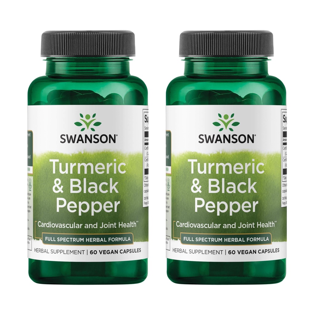 Swanson Turmeric & Black Pepper - Organic Joint Health, Heart Health, Trawienie, & Wątroba Supplement - Natural Formula dla zwiększonej dostępności biologicznej i absorpcji - (60 Veggie kapsułki) 2 Pack