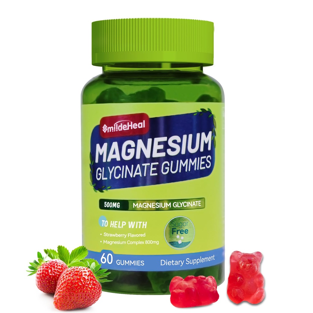 Glucynian magnezu 500 mg z L- Threonian 300mg - suplement potasu bez cukru z witaminą D, B6, CoQ10 - Strawberry Flavored - 60 Gummies