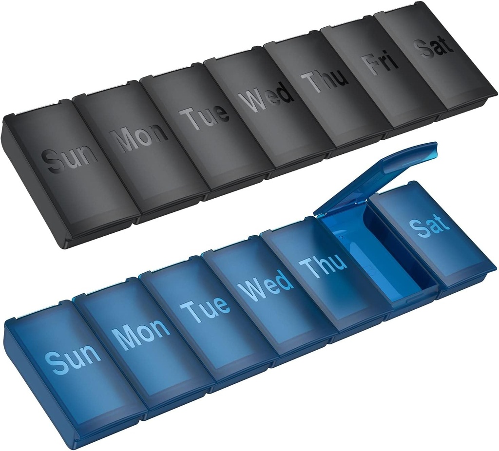 2 Pack Cotygodniowy Pill Organizator, Duży dzienny Witamina Pill Box, Przyjazny dla podróżujących 7 dni Pill Container Medicine Holder, Torebka na zewnątrz Camping mały pill Case dla suplementów oleju rybnego (czarny + niebieski)