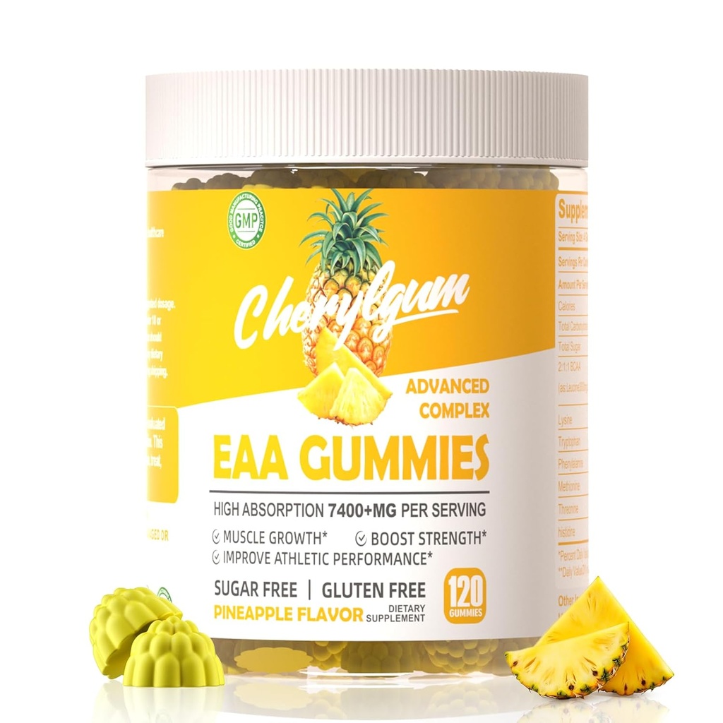 EAA Gummies 120 Gummies ananasowe, 7400 mg Esential Amino Acids - All 9 Esential Aminos (EAA) i All Branched- Chain Aminos (BCAA), Non-GMO, Gluten Free, Wegetariański friendly.