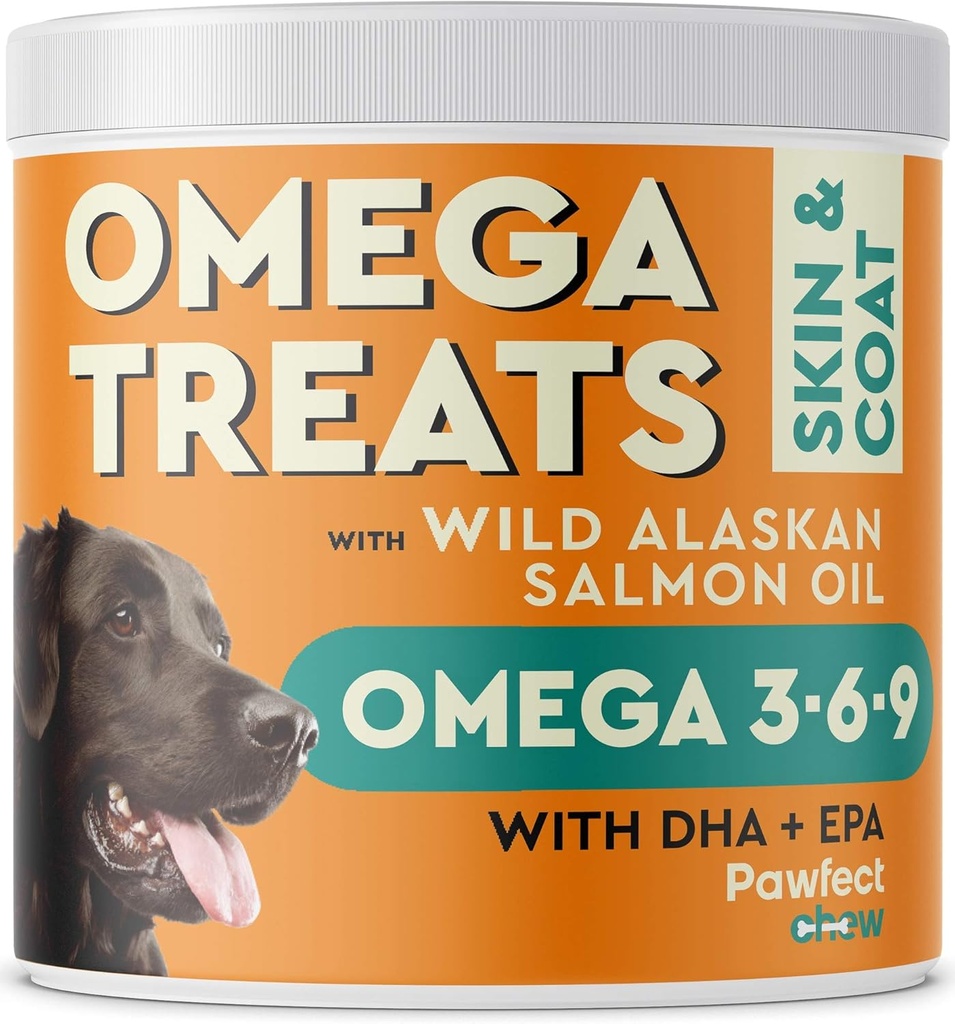 PAWFECTCHEW Omega 3 dla psów (60 żuć) - Alaskan Salmon Fish Oil Treats for Dogs - Omega Fatty Acids - Suplement do skóry i płaszcza - Sucha Swędząca Skóra, Wysysanie i Ulgi alergiczne