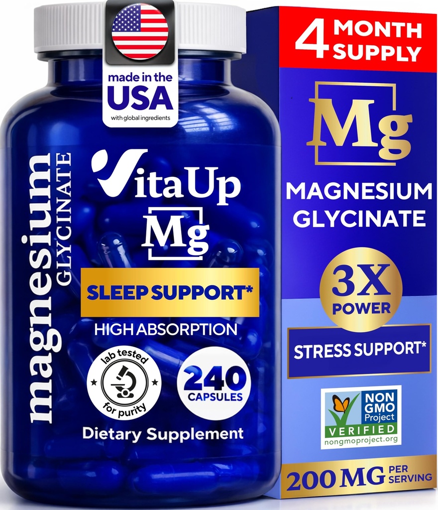Magnezu Glycinate 200mg - USA Made Magnez Supplement for Sleep, Heart, Bones, Metabolic Support - Wysoka absorpcja Magnezu Bisglicinate Kapsułki - 240 Wegan Chelated Kapsułki