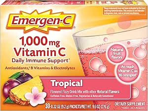Emergen- C 1000mg Witamina C Proszek, z przeciwutleniaczami, Witaminy B i Electrolytes, Suplementy witaminy C do wsparcia immunologicznego, Kofeina wolny Fizzy Drink Mix, Tropikalny Flavor - 30 Count / 1 Miesiąc dostaw