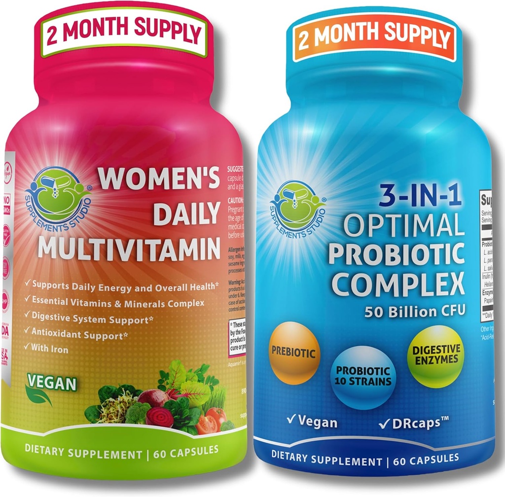 Women 's Multivitamin & Probiotic Support Bundle - 3- in-1 Probiotic with Digestive Enzymes & Prebiotic & Women' s Daily Multivitamine with Iron - Wegan, Non-GMO, Clean Daily Wellness Support