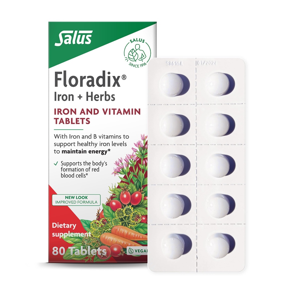 Floradix Iron Tablets - Iron Supplement with B Vitamins, Folic Acid, Vitamin C & More - Energy Support - Vegetarian & Gluten-Free - 80 Tablets (80 Servings)