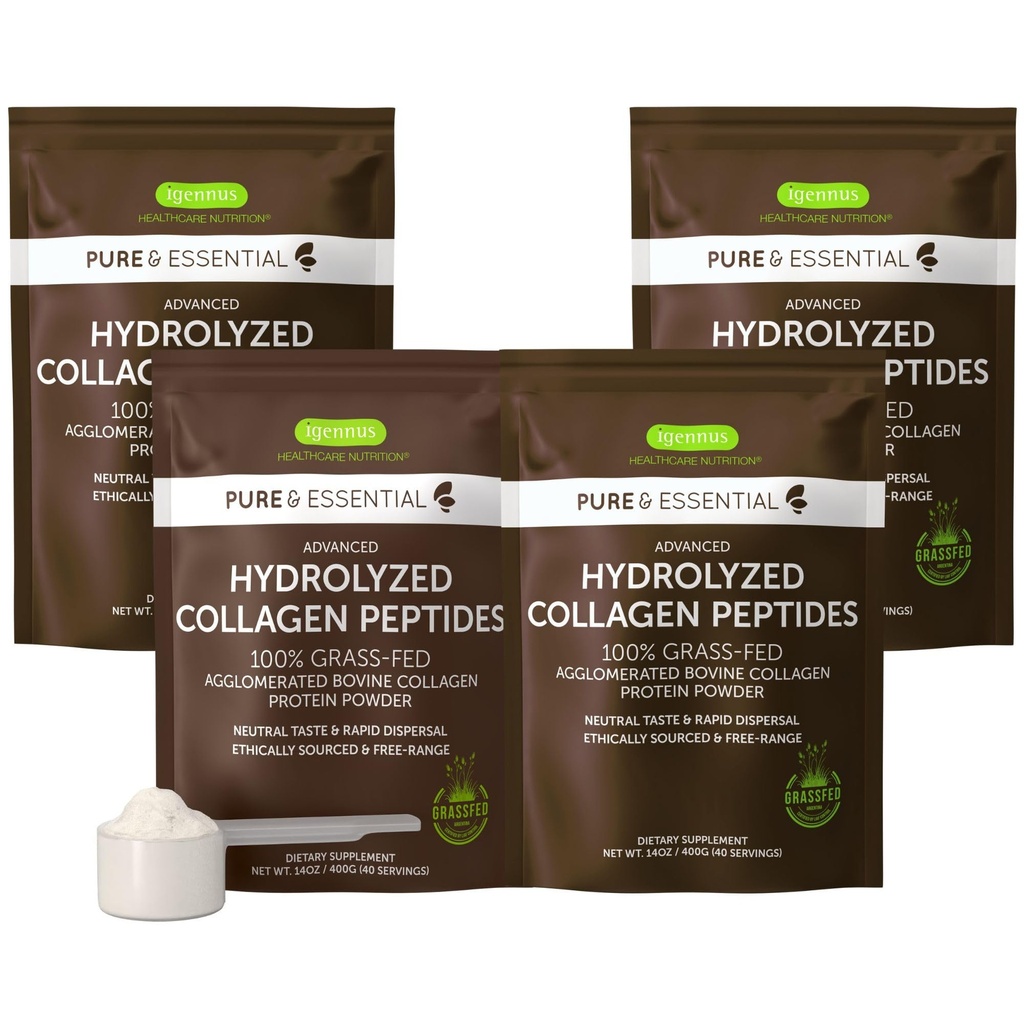 Igennus Free Range Grass Fed Zhydrolizowany Kolagen Bydlęcy Peptydy, Neutral Taste, 100% Najwyższa klasa Kolagen Bydlęcy Protein Powder, Typy 1, 2 & 3, Czyste etykieta, Non-GMO, Free Range, 4 x 40 Służenie