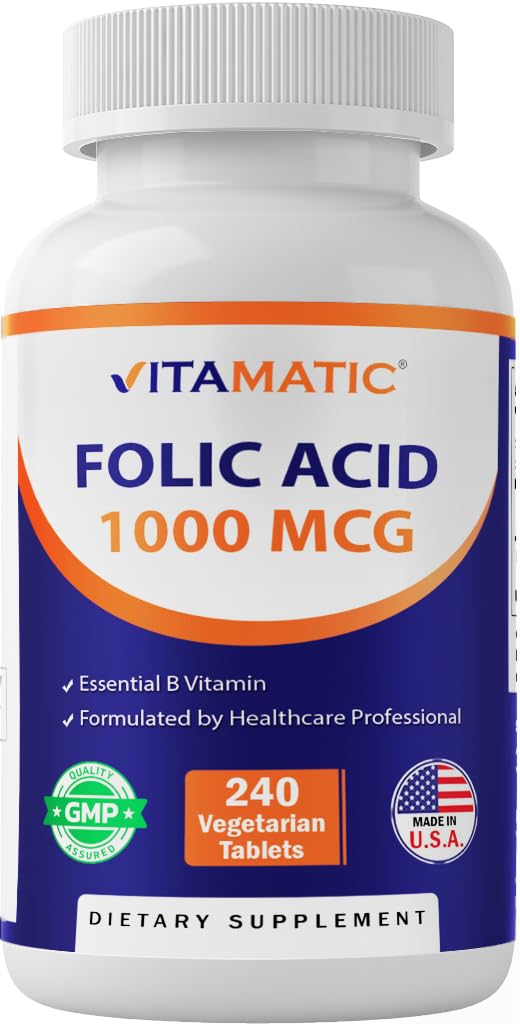 Vitamatic Folic Acid 1000 mcg (1 mg) - Wegetariańskie tabletki - 1667 mcg DFE - Witamina B9 (240 liczenie (opakowanie po 1))