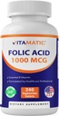 Vitamatic Folic Acid 1000 mcg (1 mg) - Wegetariańskie tabletki - 1667 mcg DFE - Witamina B9 (240 liczenie (opakowanie po 1))