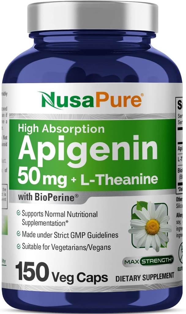 NusaPure Apigenin 50mg & L- Theanine 200mg, 150 Kapsułek wegetariańskich, Bioperine (Non-GMO, Gluten Free)