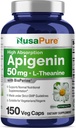 NusaPure Apigenin 50mg & L- Theanine 200mg, 150 Kapsułek wegetariańskich, Bioperine (Non-GMO, Gluten Free)