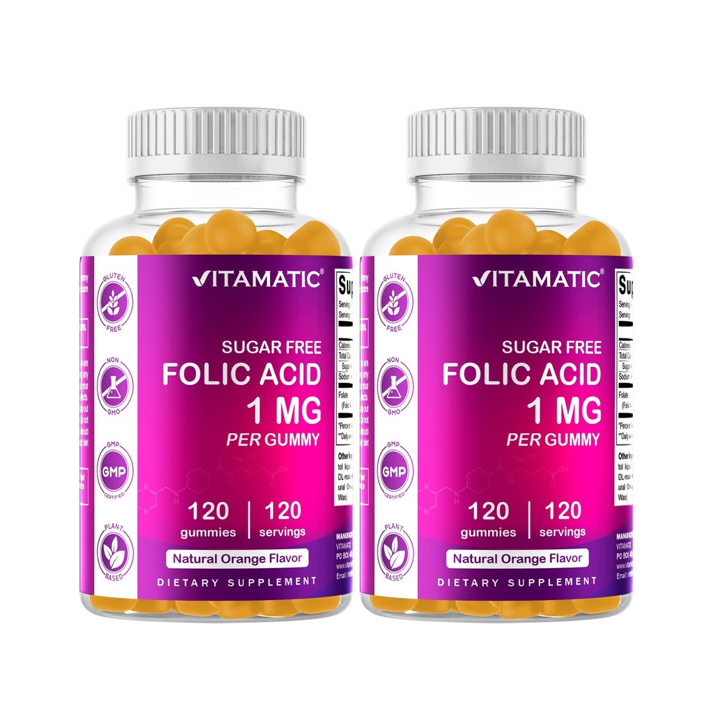 Gumiaki kwasu foliowego Vitamatic 1000 µg (1 mg) - Witamina B9 zasadnicza prenatalna dla mamy i dziecka - 120 gumek wegańskich na butelkę - 2 opakowania