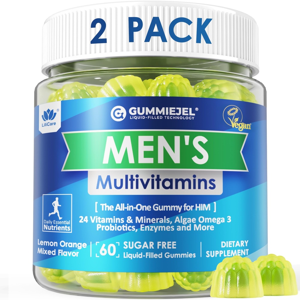 2 Pack - Mens Multivitamin Gummies, Multiminerały, Vegan Omega 3, CoQ10, Probiotyki, Daily Mens Vitamin A C D E B6 B12, Metylowane Multivitamina dla mężczyzn, Energia, Immunitet, Cukier wolny, Wegan (No Iron)