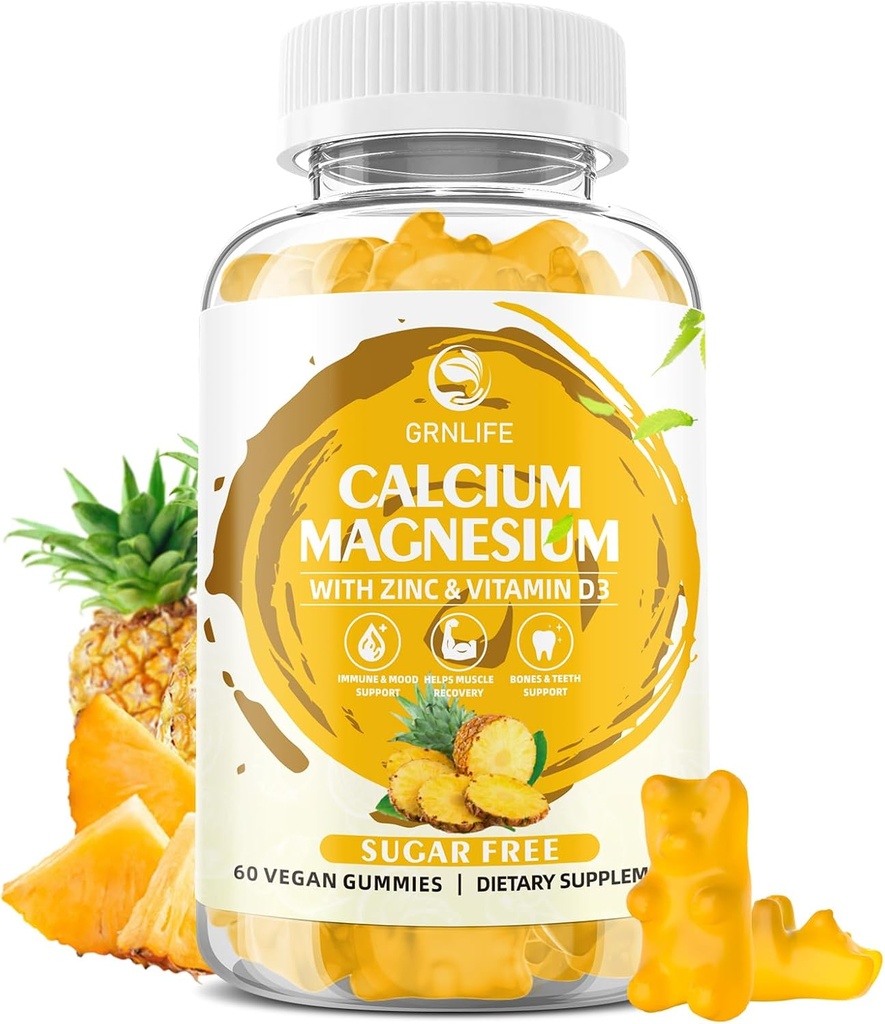 Gumie cynku wapnia z witaminą D3, Gummie wapnia bez cukru dla kobiet, Gummeje magnezu o dużej mocy dla kości i mięśni i zdrowia immunologicznego, Flavor ananasowy - 60