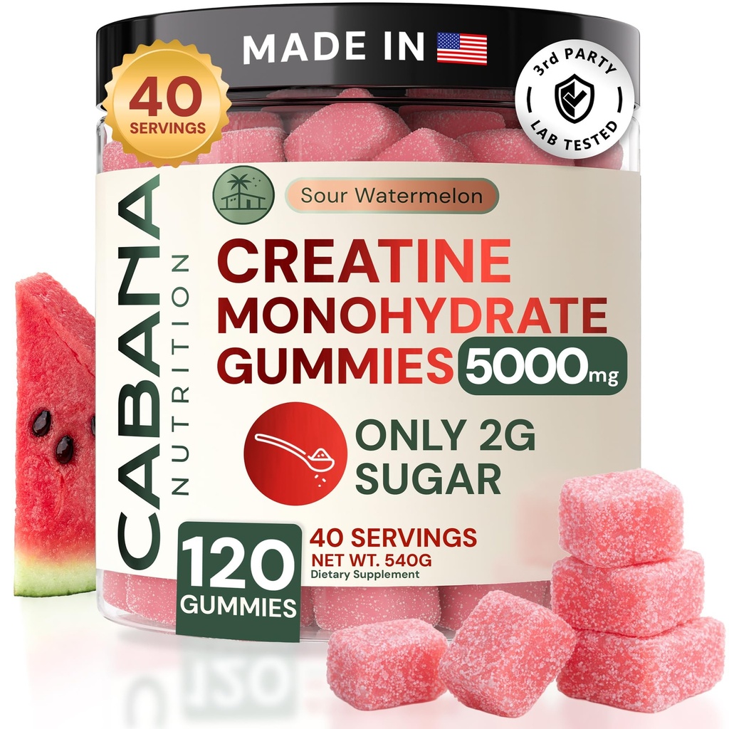 Monohydrat Gummie 5g - Tylko 2g cukru, Made in USA - Sour Arbuz Flavor - Wegan & III Party Tested - Pre & Post Workout Supplement for Women and Men (120 Count, 40 Servings)