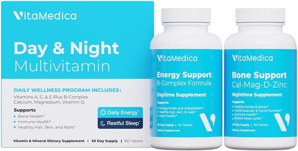 Multivitamin Day & Night Rutynowe 124; Energy & Mental Clarity, Bones & Joints, Piękno, Resteful Sleep Remove 124; 30- Day Supply Supply 124; Witaminy A, C, D, E, B- Complex DIA124; Magnez, Biotin, Cynk, Botaniczne, & Minerały