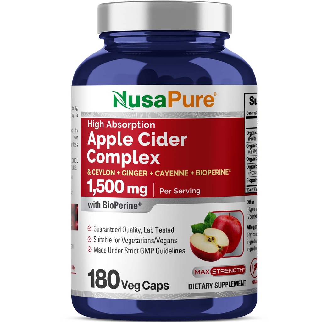 NusaPure Apple Cider Vinegar Complex 1500 mg 180 Veg Caps Nadaje się do wegetarian i wegan, Non-GMO