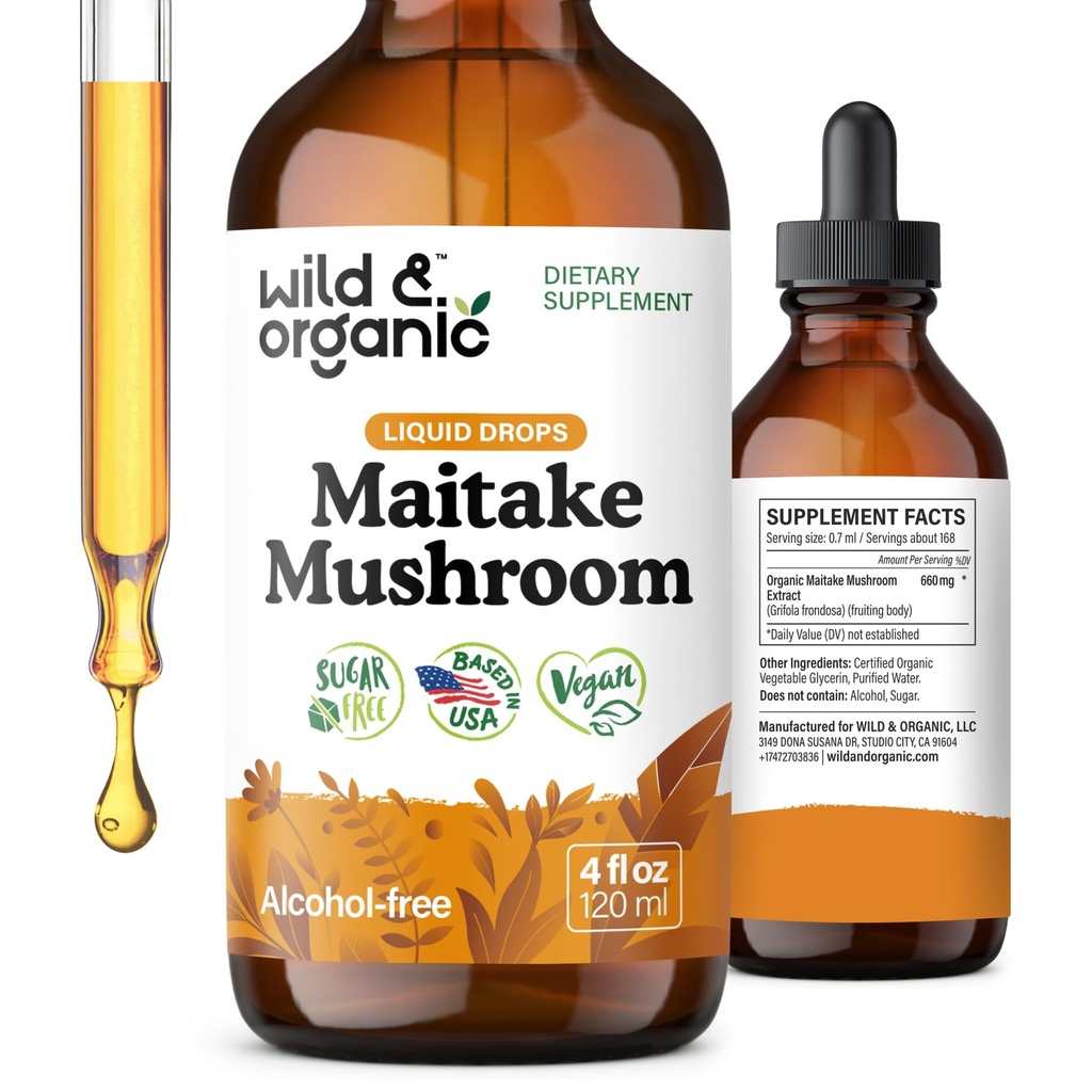 Wild & Organic Maitake Mushroom Tincture - Suplement wsparcia immunologicznego - Liquid Maitake Mushroom Extract - Vegan, Sugar & Alcohol-Free Drops - 4 fl oz