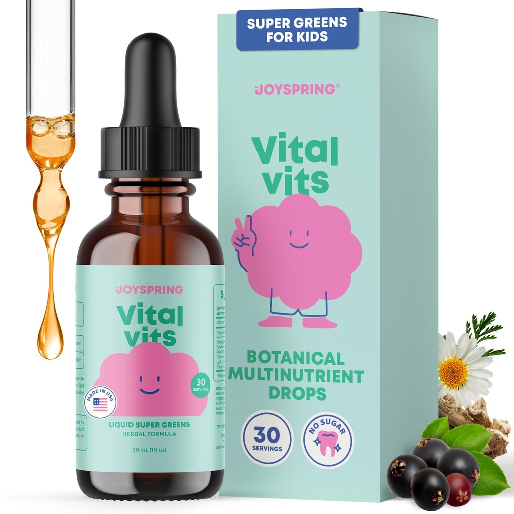 JoySpring Vital Vits - Dzieci Liquid Multivitamin - 1 fl oz (30 Sług) 124; Ziołowe Witaminy płynne dla dzieci 124; Natural Flavor According 124; Toddler Multivitamin z Elderberry, Spirulina i więcej