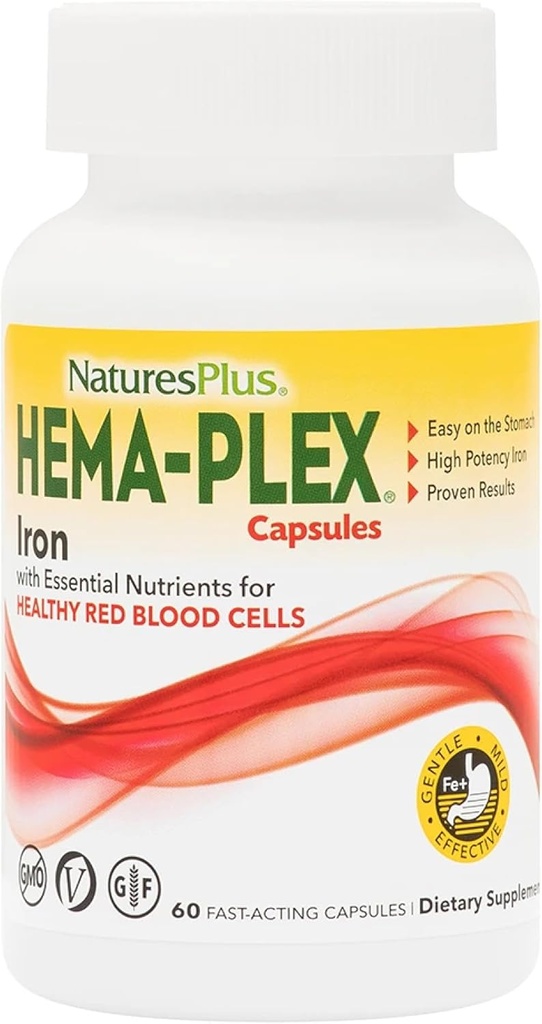NaturesPlus Hema- Plex Żelazo - 60 Kapsułki szybko działające - 3 Opakowanie - 85 mg Żelazo chelatowane + Witamina C & Bioflawonoidy dla zdrowych czerwonych komórek krwi - Wegan, Gluten Free - 90 Sługi ogółem