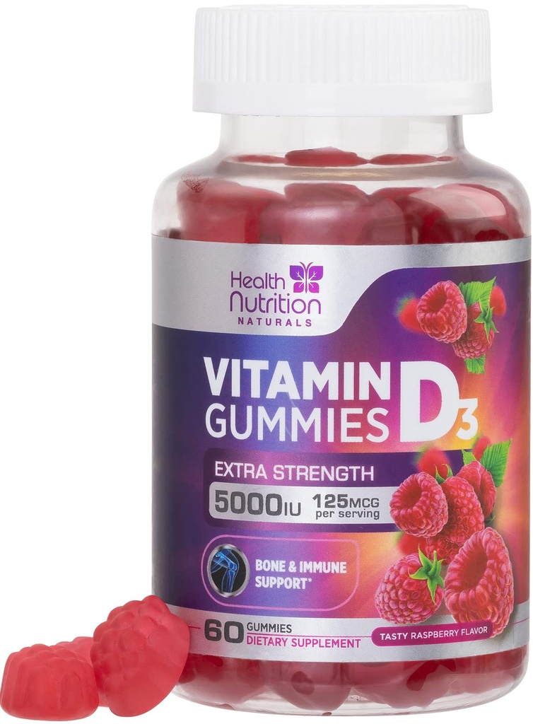 Witamina D3 Gummies 5000 j.m. (125 μg) - Potrójne Siła kości i wsparcia immunologicznego, Witamina D Gummy Suplement diety, Nature 's Berry D Suplement witaminy, Malina Flavored, Non-GMO - 60 Gummies