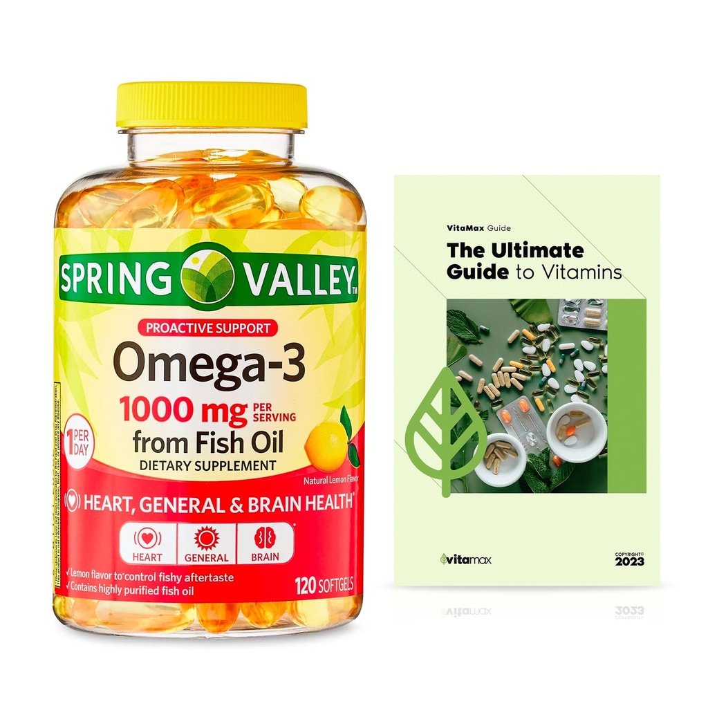Spring Valley Omega-3 z oleju rybnego 1000 mg, maksymalna opieka, 120 Count + ekskluzywny VitaMax Witamina Przewodnik (2 produkty)