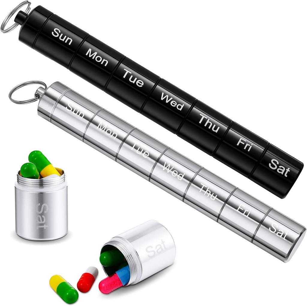 Vesici 2 Pack Metal Weekly Pill Organizer Travel Pill Container z Keychain 7 Day Waterproof Small Capsule Case Box Stos dla kobiet mężczyzn Travel Outdoor (czarny, srebrny)