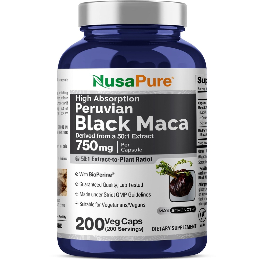 NusaPure Black Maca Root 50: 1 Extract, 750 mg Ekwiwalent 37,500 mg 200 Veggie Per Caps (Vegan, Non-GMO)