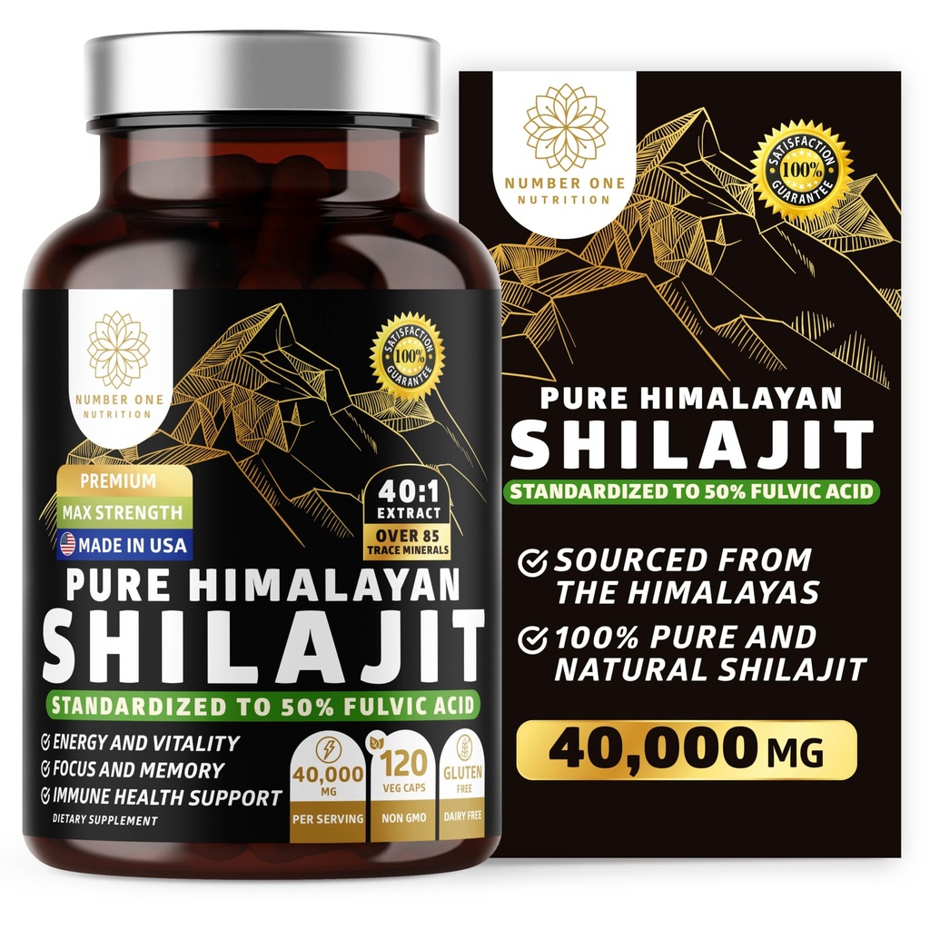 Pure Himalayan Shilajit Suplement dla mężczyzn i kobiet, [40,000MG, Max Siła] Zawiera 50% kwasu Fulvic z ponad 85 Minerały śladowe do wspierania energii, mózgu i odporności, 120 Czapki Veg