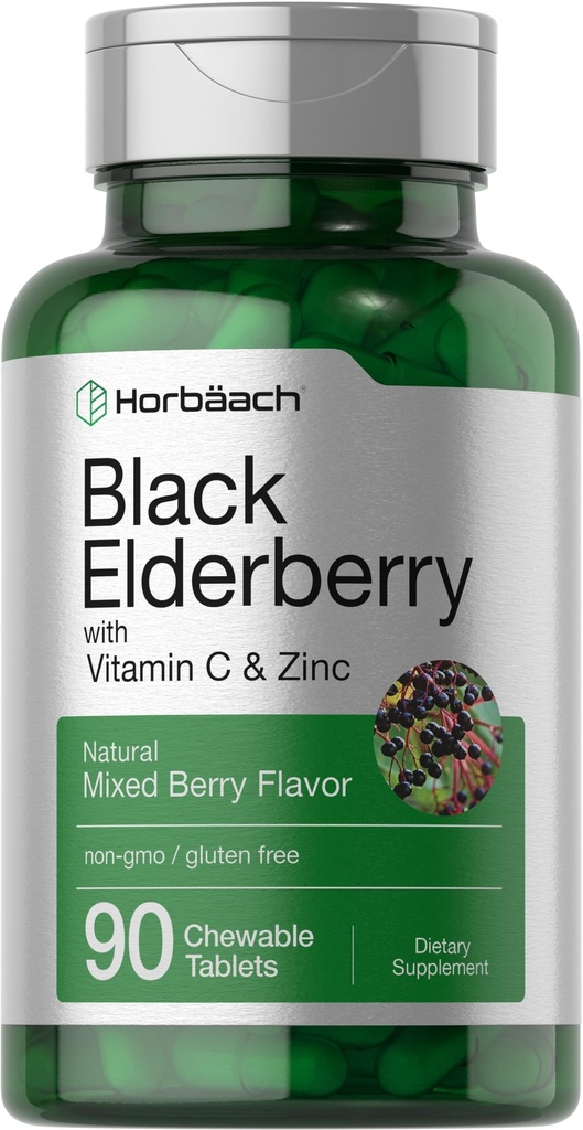 Horbaach Black Elderberry z witaminą C i cynk 124; 90 Tabletki do rozgryzania i żucia 124; Mieszany Flavor Berry 124; Kompleks wsparcia immunologicznego 124; Wegetariański, Non-GMO i gluten suplement wolny