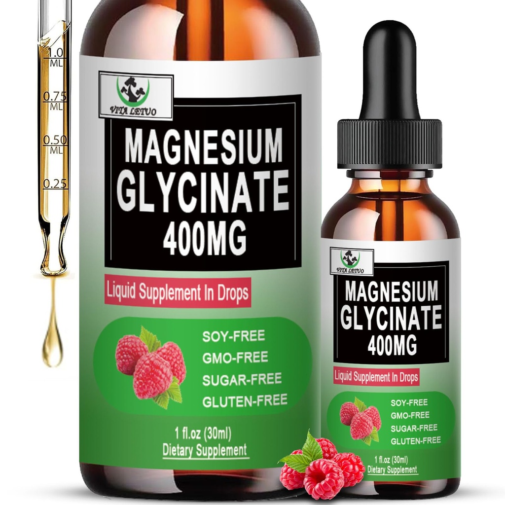 Płynne krople glicynianu magnezu, Czysty Glicynian magnezu 400mg dla kości, 6X Wysoka Absorpcja Płynny suplement magnezu, Wegan, Non-GMO, Bezglutenowy Glutenowy 124; 30 Służenie
