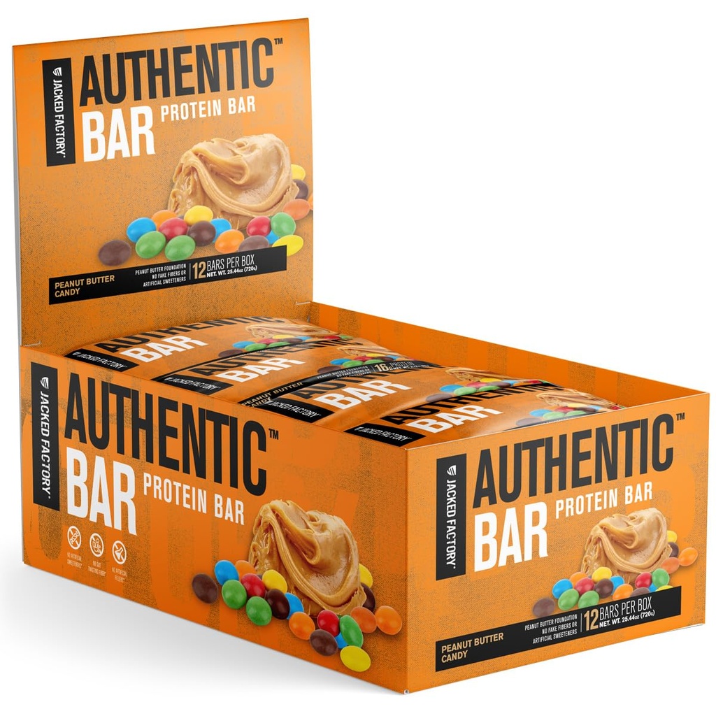 Jacked Factory Autentic Bar Masło orzechowe Batoniki cukrowe - Smaczne Meal Zamienniki energii Bary w / 16g Izolat białka serwatki, Naturalne Cukry z czystego miodu, Zdrowy Tłuszcz - 12 Pack