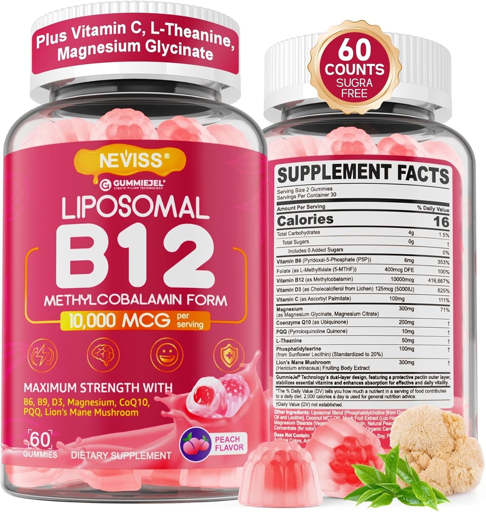 Metyl B12 Gummies 5000 µg / 10000 µg w / L- Metylfolan, B6, Mushroom Mane Lwa, CoQ10, PQQ, Glicynian magnezu, Kompleks Witaminy Liposomalnej dla Energii, Focus, Mózg i odporność 1Pack