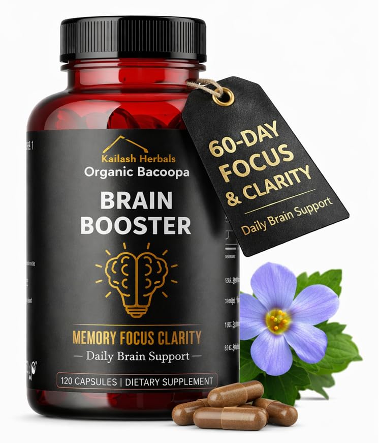 Bacopa, Organic Brain Booster, Nootropic Brain Supplement, Bacopa Monnieri / Brahmi, for Mental Sharpness, Focus, Pamięć, i Cognitive Wellness, 120 Kapsułki 500mg, 2 Miesiąc dostaw