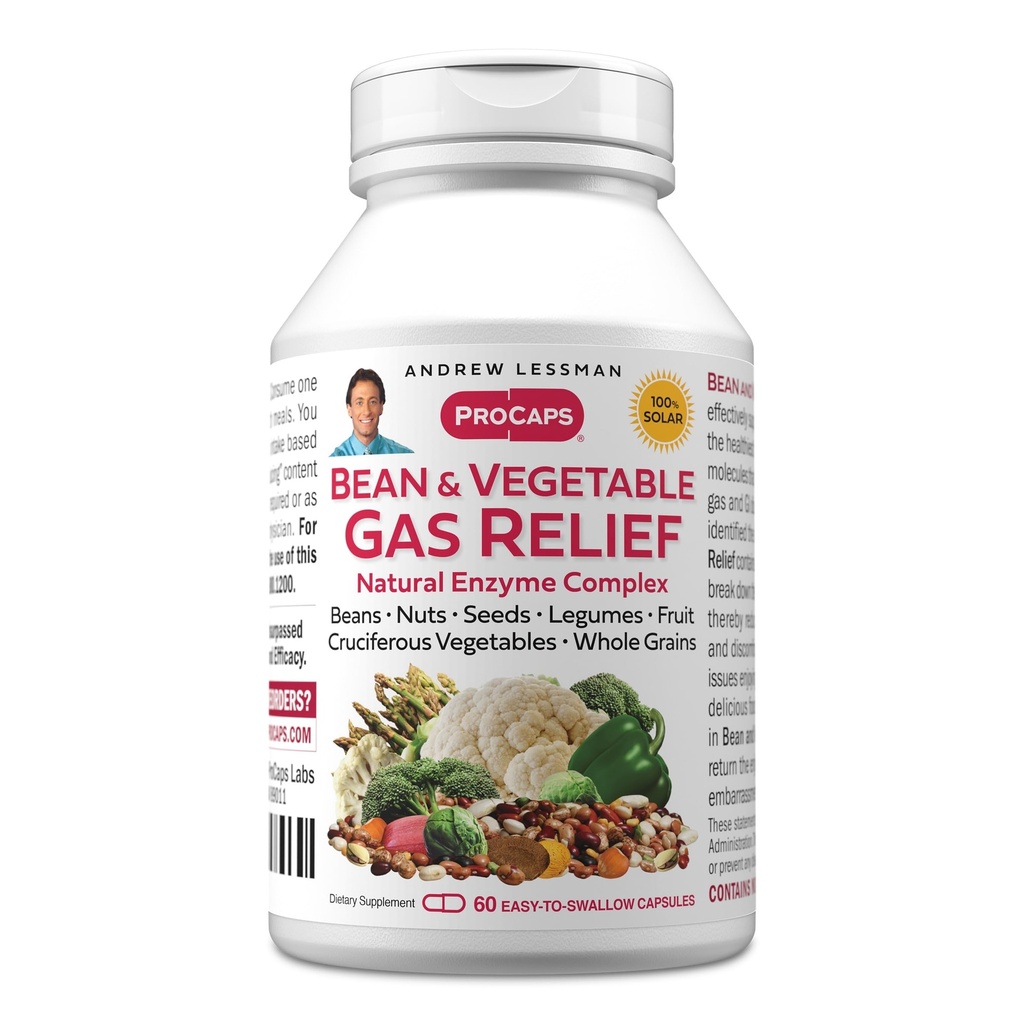 ANDREW LESSMAN Fasola i gazu roślinnego Relief 60 Kapsułki - Naturalny Enzyme Complex Redukuje gaz, Wydmuchiwanie z fasoli, Warzywa krzyżowe, Owoce, Ziarno i inne żywności. Delikatne i skuteczne