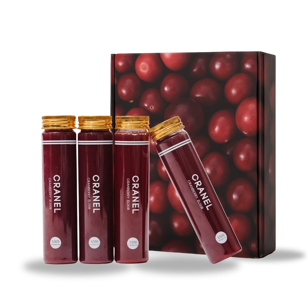 CRANEL UTI Wsparcie Cranberry Elixir, 4X Butelki (miesięczne dostawy) Clinically-Proven & Antibiotic-Free, Pakowane z 3000 Prawdziwe Żurawiny (Tart Taste) Wegan & Non-GMO, Cukier dodawany