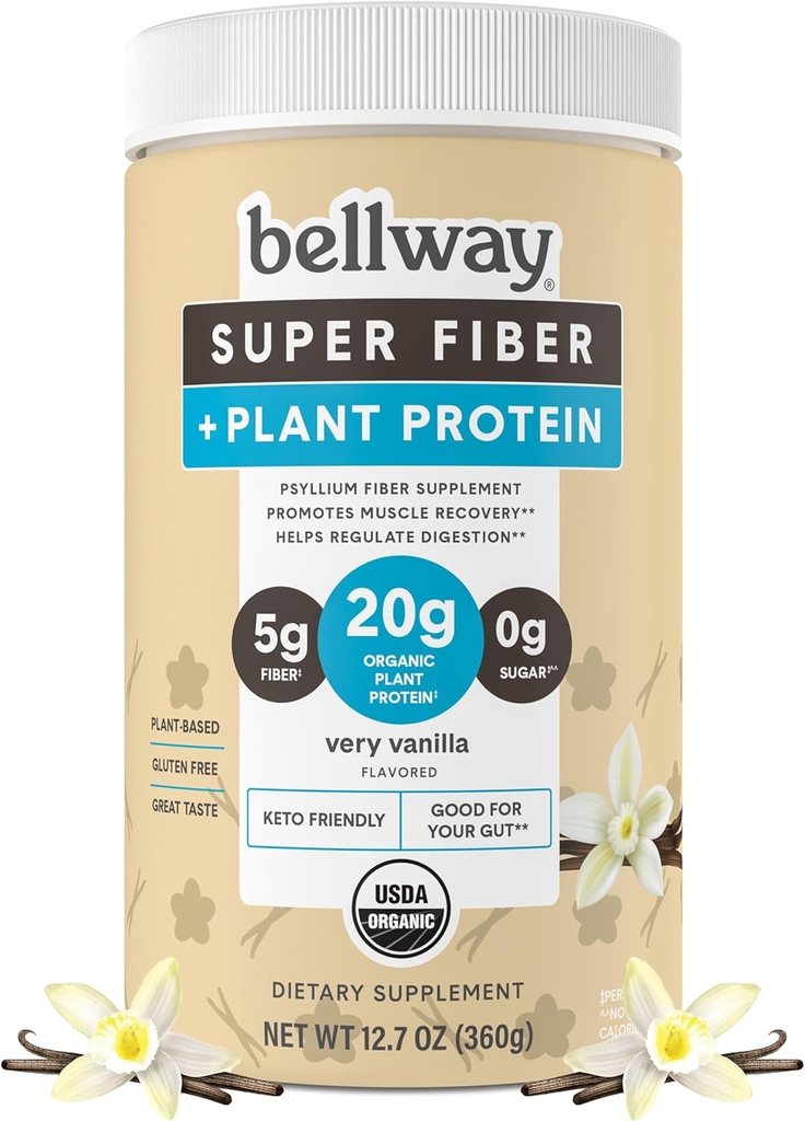 Bellway Super Fiber + Proszek proteinowy, Bez cukru Organic Pzyllium Husk Suplement Fiber Proszek z 20 g Białko roślin na serwowanie, Bardzo Vanilla, 12.7 oz